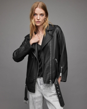 Allsaints Billie Oversized Leather Biker Jacket Black | U.K.WL029X-5