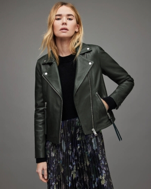 Allsaints Dalby Leather Biker Jacket Forest Green | U.K.WL018N-2426