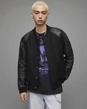 Allsaints Manta Leather Sleeved Bomber Jacket Black | U.K.ML026Y-5