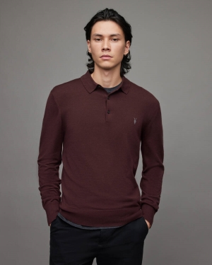 Allsaints Mode Merino Long Sleeve Polo Shirt Beaujolais Red | U.K.MK156X-7946