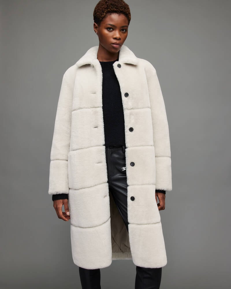 Allsaints Serra Shearling Taped Coat Ecru White | U.K.WL111X-4193