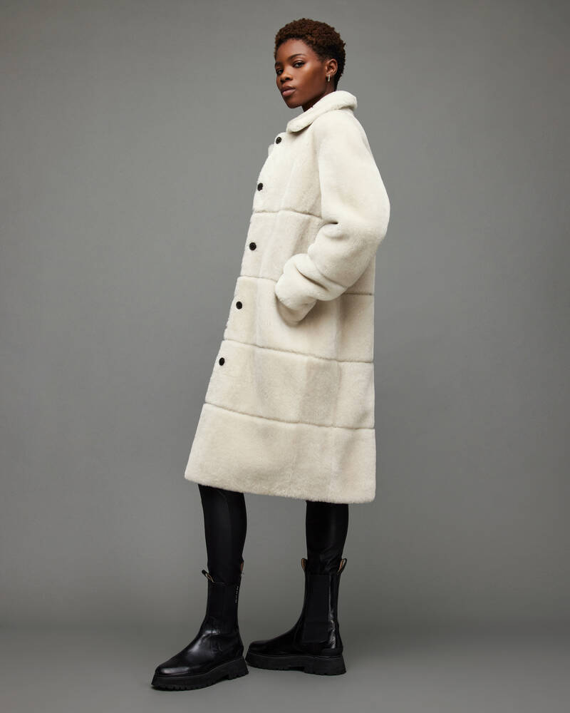 Allsaints Serra Shearling Taped Coat Ecru White | U.K.WL111X-4193