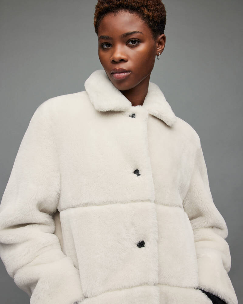 Allsaints Serra Shearling Taped Coat Ecru White | U.K.WL111X-4193