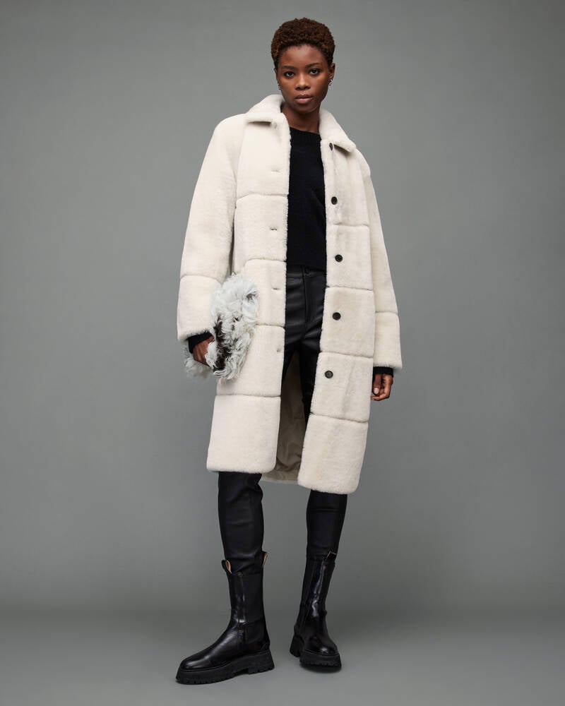 Allsaints Serra Shearling Taped Coat Ecru White | U.K.WL111X-4193